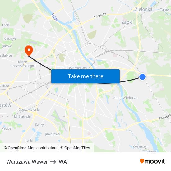 Warszawa Wawer to WAT map