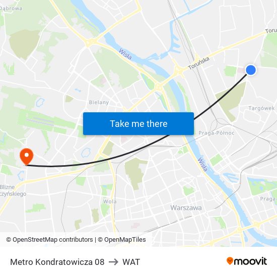 Metro Kondratowicza to WAT map