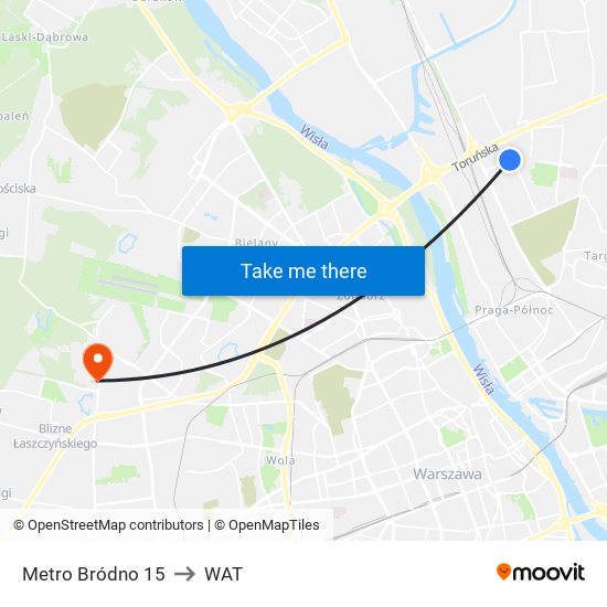 Metro Bródno to WAT map