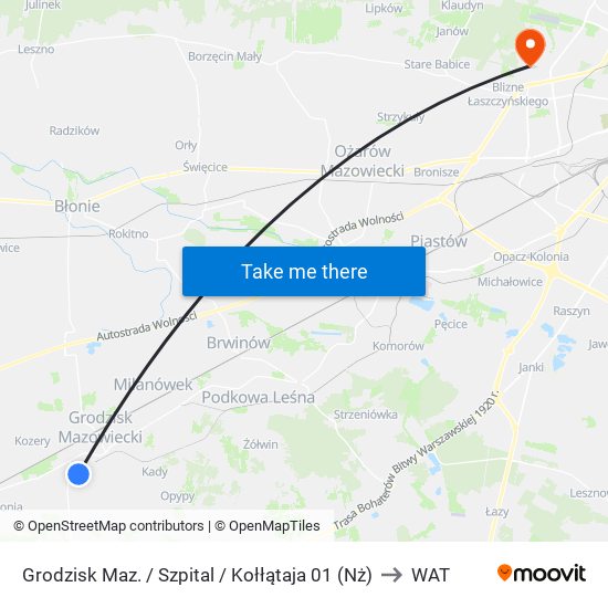 Grodzisk Maz. / Szpital / Kołłątaja 01 (Nż) to WAT map