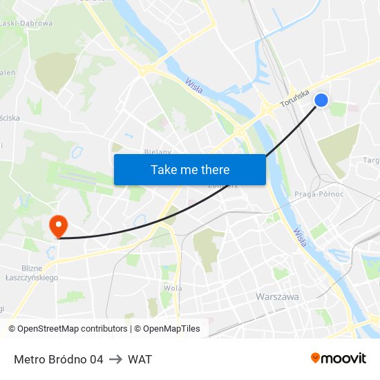 Metro Bródno to WAT map