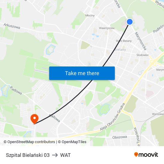 Szpital Bielański to WAT map