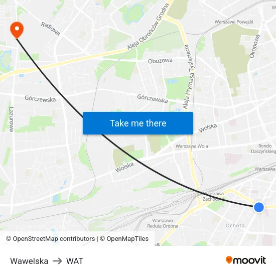 Wawelska to WAT map