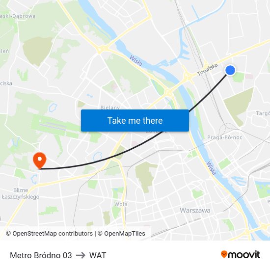 Metro Bródno to WAT map