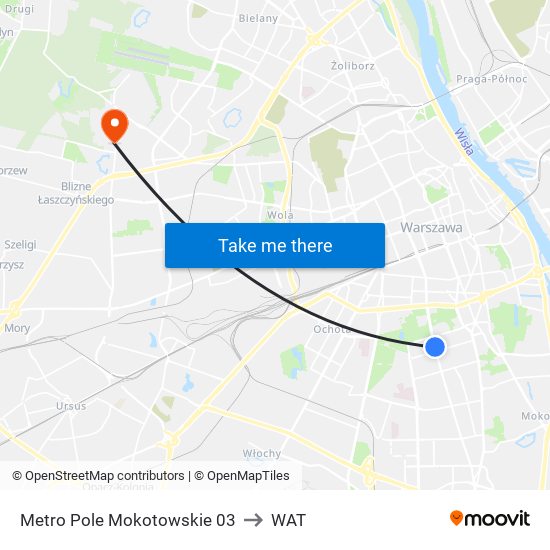 Metro Pole Mokotowskie 03 to WAT map