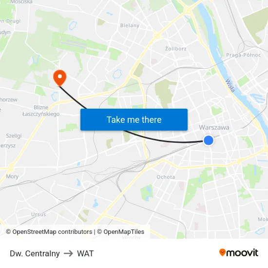 Dw. Centralny to WAT map