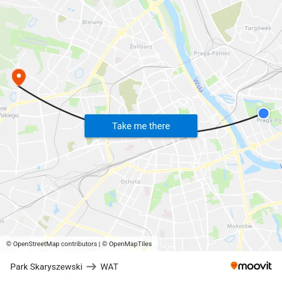 Park Skaryszewski to WAT map