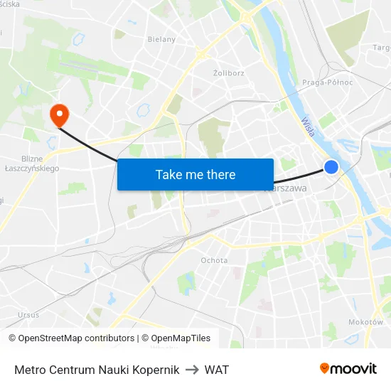 Metro Centrum Nauki Kopernik to WAT map