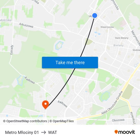 Metro Młociny 01 to WAT map