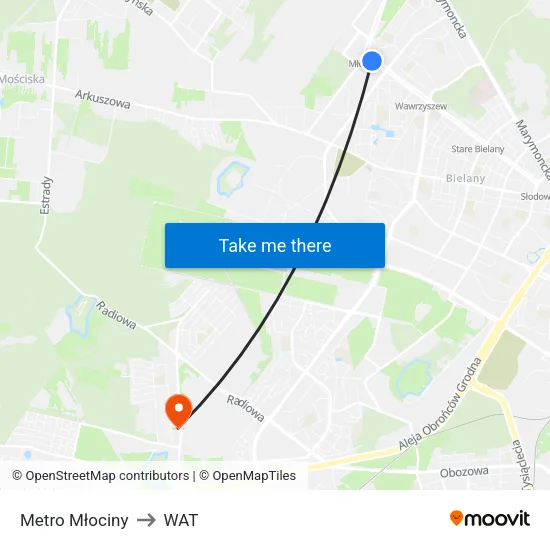Metro Młociny to WAT map