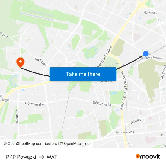 PKP Powązki to WAT map