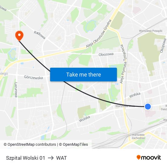 Szpital Wolski to WAT map