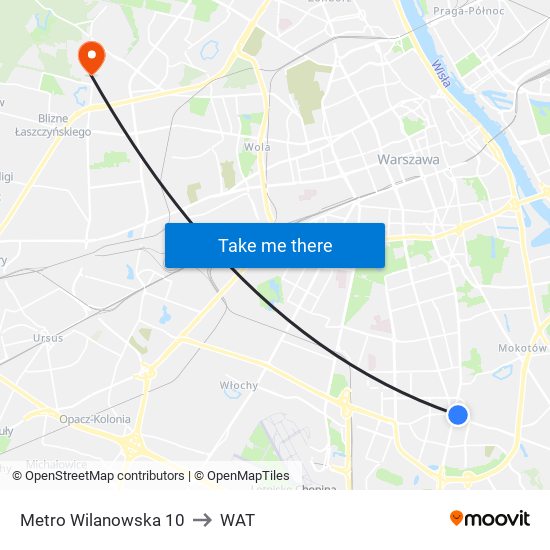 Metro Wilanowska 10 to WAT map