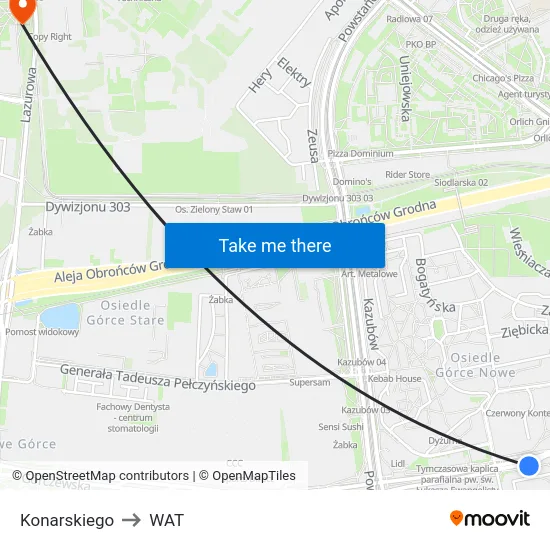 Konarskiego to WAT map