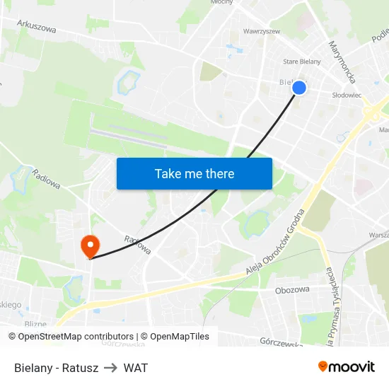 Bielany - Ratusz to WAT map