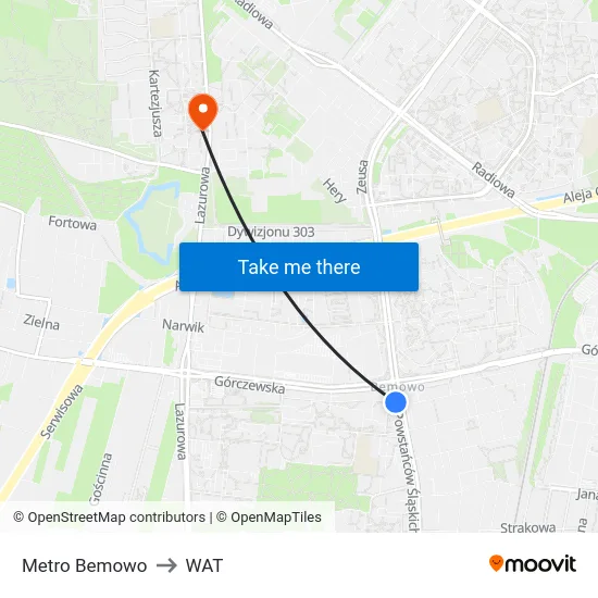 Metro Bemowo to WAT map