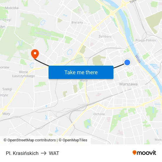Pl. Krasińskich to WAT map