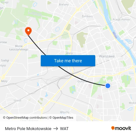 Metro Pole Mokotowskie to WAT map
