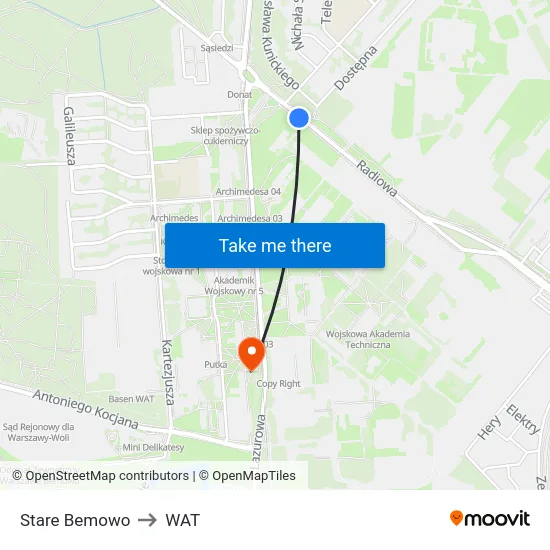 Stare Bemowo to WAT map