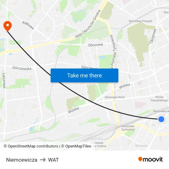Niemcewicza to WAT map
