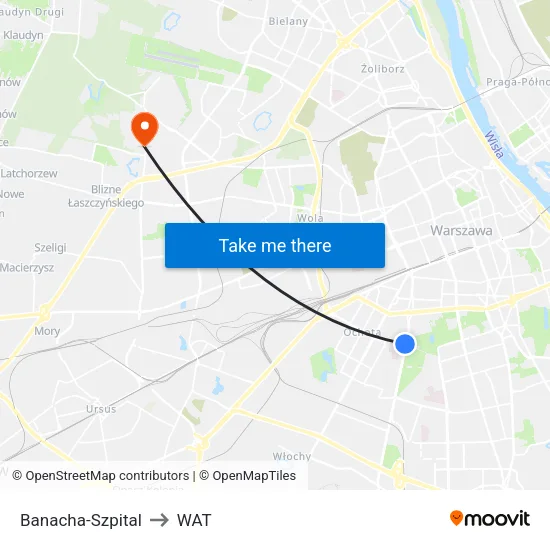 Banacha - Szpital to WAT map