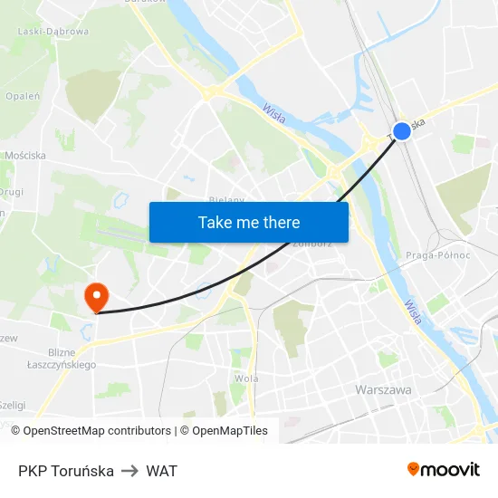 PKP Toruńska to WAT map