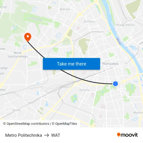 Metro Politechnika to WAT map