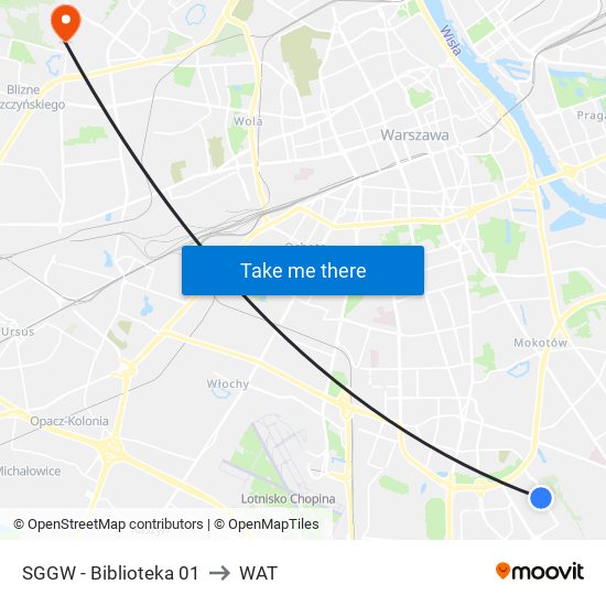 SGGW - Biblioteka 01 to WAT map