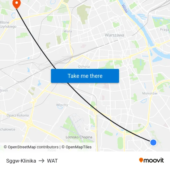 SGGW - Klinika to WAT map