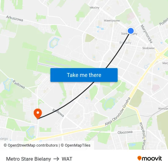 Metro Stare Bielany to WAT map