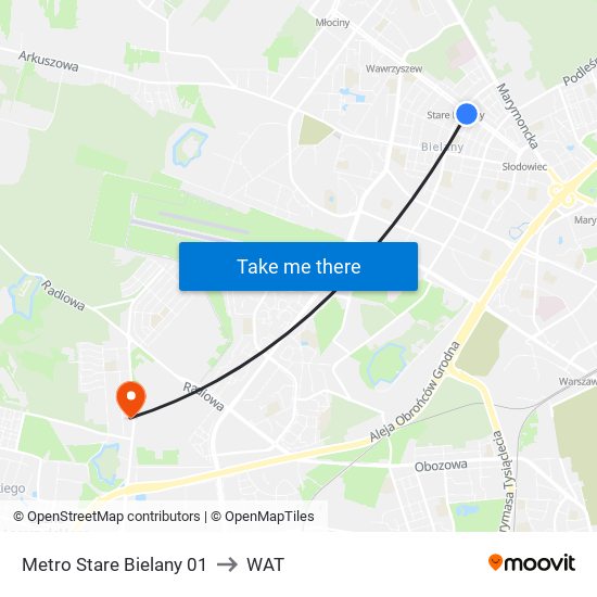 Metro Stare Bielany to WAT map