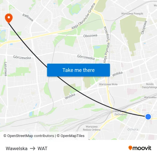 Wawelska to WAT map
