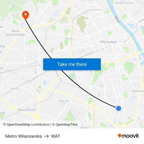 Metro Wilanowska to WAT map