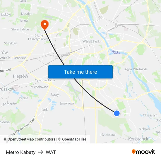 Metro Kabaty to WAT map