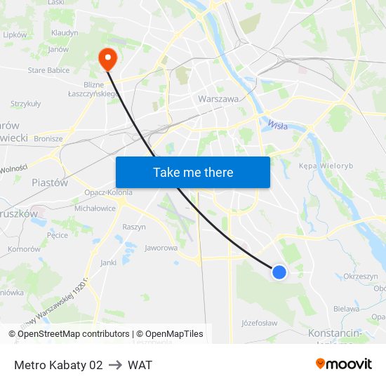 Metro Kabaty to WAT map