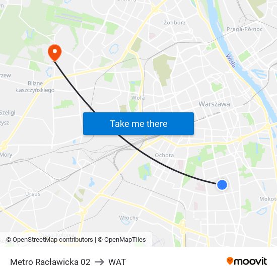 Metro Racławicka to WAT map