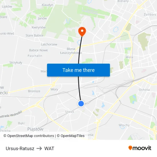 Ursus - Ratusz to WAT map