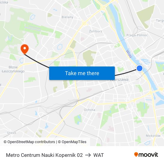 Metro Centrum Nauki Kopernik to WAT map