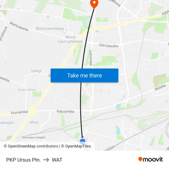 PKP Ursus Płn. to WAT map