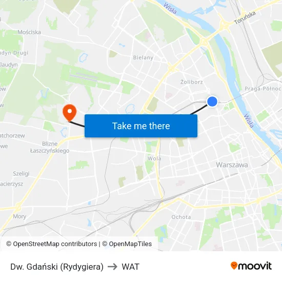 Dw. Gdański (Rydygiera) to WAT map
