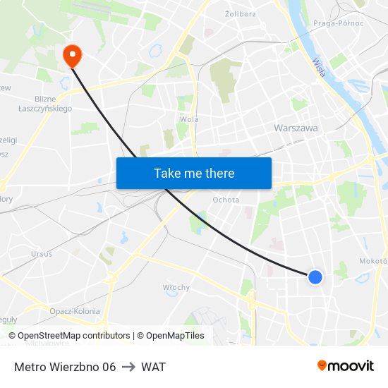 Metro Wierzbno to WAT map