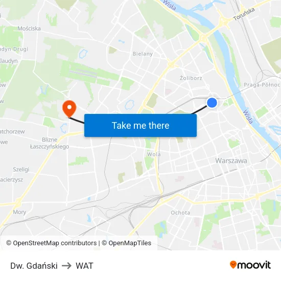 Dw. Gdański to WAT map