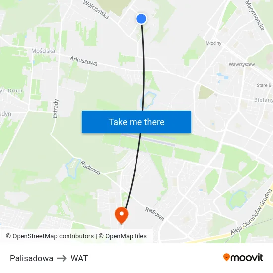 Palisadowa to WAT map