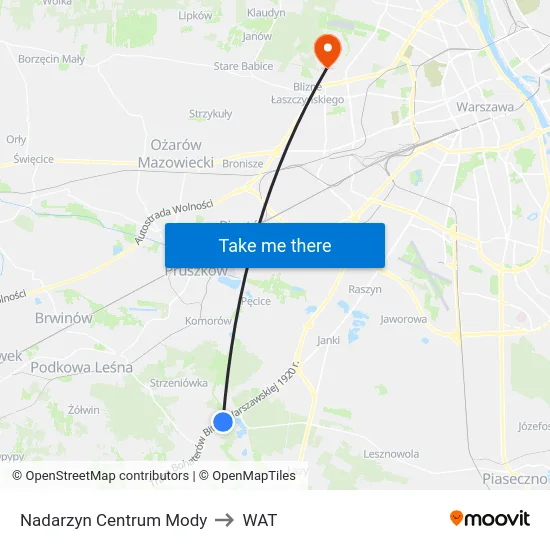 Nadarzyn Centrum Mody to WAT map