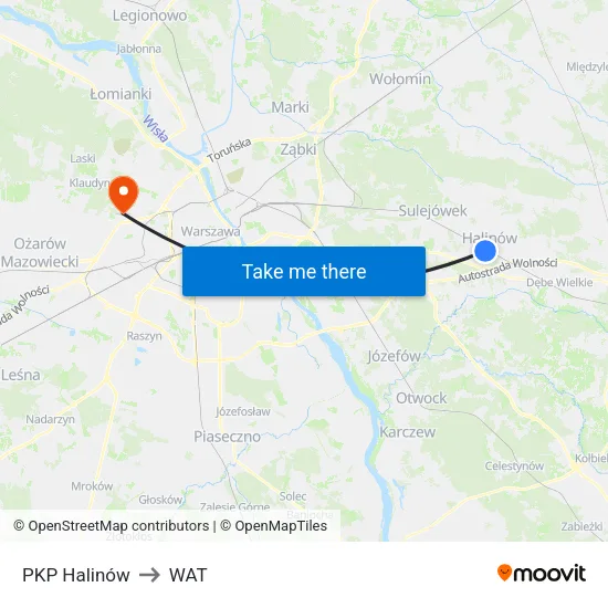 PKP Halinów to WAT map