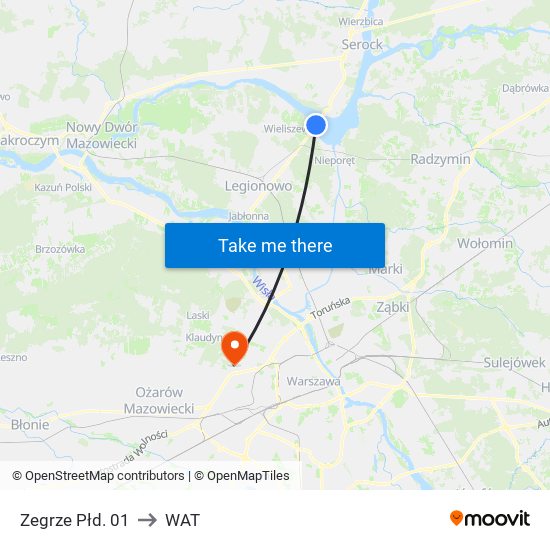 Zegrze Płd. to WAT map