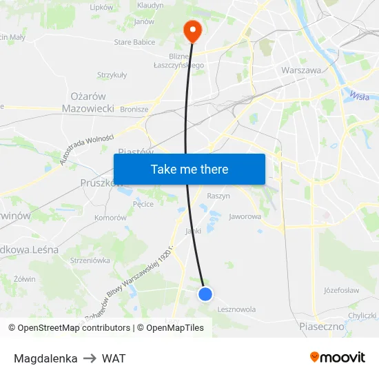 Magdalenka to WAT map