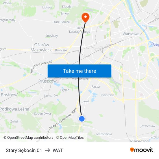 Stary Sękocin to WAT map