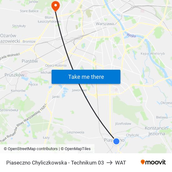 Piaseczno Chyliczkowska-Technikum to WAT map