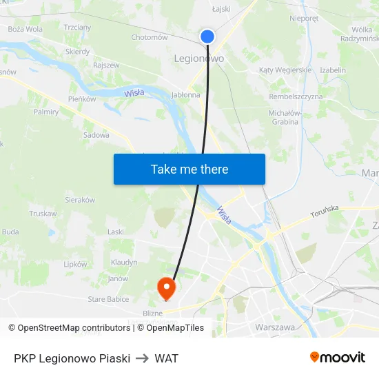 PKP Legionowo Piaski to WAT map